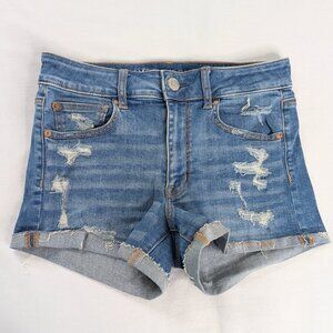 American Eagle Distressed Blue Denim Cuffed Hi Rise Shortie Shorts